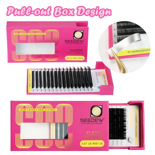 LJ Curl Lash Extensions, 0.07mm LJ MIX7-16mm 16 Rows/Tray, Classic Individual Single Natural Soft Lightweight Eyelashes Grafting for Lash Artists, Beauty Salon(Matte Black-0.07-LJ-MIX7-16mm)