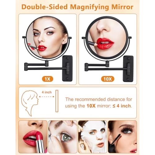 Wall Mounted Makeup Mirror - 1X/10X Magnifying Mirror for Wall, 8 Inch Double Sided 360¡Æ Swivel Extendable Bathroom Mirror for Shaving, Black