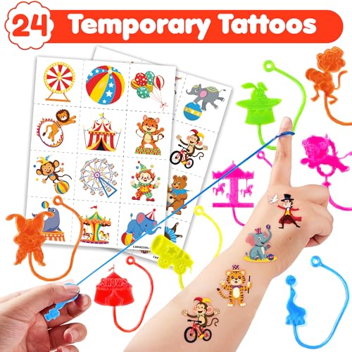 48PCS Carnival Party Favors - 24PCS Temporary Tattoos & 24PCS Stick Hands Party - Perfect Birthday Party Supplies, Goodie Bag Stuffers, Treasure Box Toys, Classroom Prizes, and Student Gifts