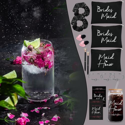 42 pcs Bridesmaid gifts bridesmaid proposal gifts, Maid of Honor Gifts contain 16oz Glass Cups Cosmetic Makeup Bags Invited Cards Scrunchies Hair Knotted Bracelets Diamond Pens love clip (Black )