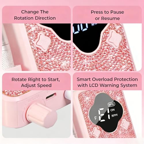 Electric Nail Drill Professional with Ultra-Quiet Coreless Motor, 35000 RPM Cordless Nail File Kit for Acrylic Gel Nails, Low Vibration & Heat, Portable E-File for Home & Salon (Pink)