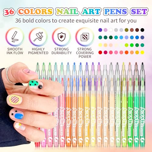 36 Colors Nail Art Pen Set,3D Acrylic Nails Art Markers Pens,Quick Dry Nail Doodle Pens for Home & Salon DIY Nail Art £¨1.0 mm Pen Nib£©