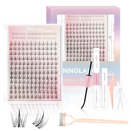 NINGLASH Wink Lash Clusters Kit Wispy DIY Eyelash Extension, Manga 168pcs Natural Individual Fairy Spikes Cluster Eyelashes Anime Eye Lashes Waterproof Lash Bond and Seal Remover Tweezer Comb Brush