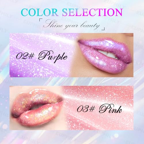 Chameleon Glitter Lip Gloss Hydration Plumping Liquid Lipstick for Women, Holographic Color Shifting Moisturizing Lips Stain Oil, Natural Long Wear Nourishing Shimmer Matte Nude Lips Makeup #01 Purple