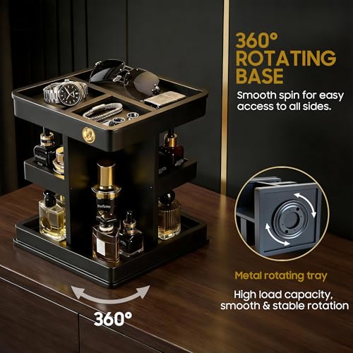 Cologne Organizer for Men, 3-Tier Large Capacity Wooden Cologne Stand with Metal Rotating Turntable, Perfume Shelf with Leather Mat Included, Desk & Nightstand Organizer, Birthday Gifts for Men, Black