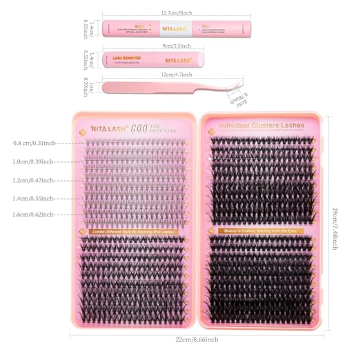 Lash Extension Kit DIY Lash Clusters 800pcs Cluster Lashes Individual Lashes Book Set Eyelash Extension Kit with Lash Bond and Seal,Lash Remover,Lash Tweezers(10D+30D+50D+80D Kit,8-16mm)