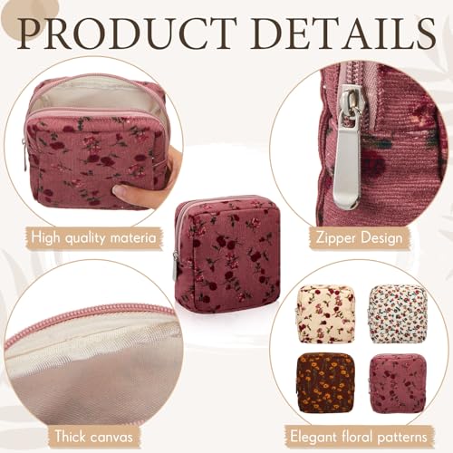 Abbylike 4 Pcs Floral Makeup Bag Cosmetic Bag with Zipper Portable Small Pouches for Purse Toiletry Mini Pouch Cute Mini Makeup Purse for Coin Essentials Items Women(Rose)
