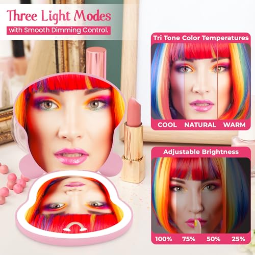 Impressions Vanity Care Bears Cheer Bear Beary Cute LED Compact Mirror for Purse, Travel Lighted Makeup Mirror with 3X Magnification, Adjustable Brightness, Touch Sensor, and Figural Shaped Design