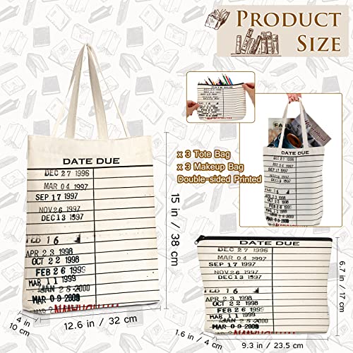 Sieral 6 Pcs Librarian Gifts for Women Library Book Tote Bag Due Date Cards Librarian Gifts Stamp Canvas Vintage Toiletry Bag Aesthetic with Zipper for Book Lovers Women Teacher Valentine