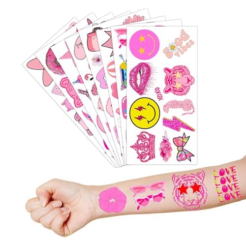 96 PCS Pink Preppy Bachelorette Princess Temporary Tattoos Theme Birthday Party Decorations Supplies Favors Decor Cute Girl Pastel Face Tattoo Stickers Gifts for Kids Girls Boys School Prizes Carnival