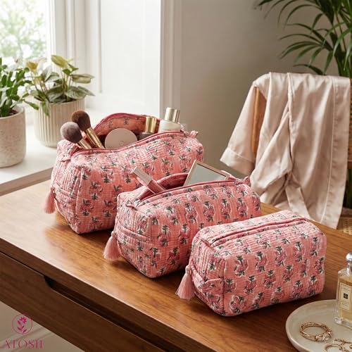 ATOSII Set of 3 100% Cotton Handblock Print Quilted Toiletry Cosmetic Makeup Travel Bag for Women, Waterproof Inner Lining, Jewelry Essentials Storage Case, Toiletries Pouch Purse, Peach Aura