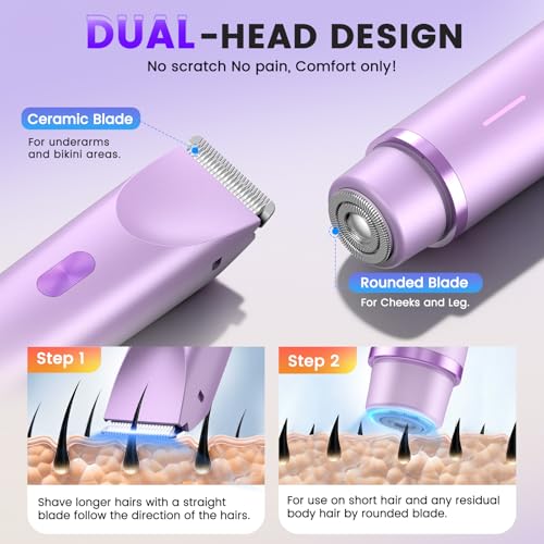 Bikini Trimmer for Women, Painless Electric Razor for Women with Dual Head, IPX7 Waterproof Pubic Body Hair Trimmer Electric Shaver for Legs/Arm/Underarm (Purple)