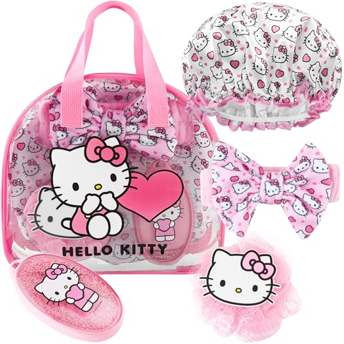 Hello Kitty Sanrio Shower Accessories Set, Kawaii Toiletry Bag with Shower Cap Headband Bath Sponge, Gifts for Girls, Teens, Women (Pink Hello Kitty)