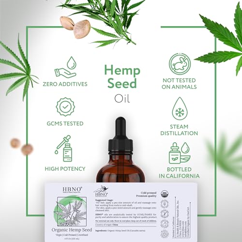 HBNO Organic Hemp Seed Oil - 4 oz (120 ml) Value Size - Natural Hemp, Cold Pressed - Perfect Carrier Oil for Massage, Aromatherapy, Diy, Soap Making, Face, Body, Lips, Hair, Nails