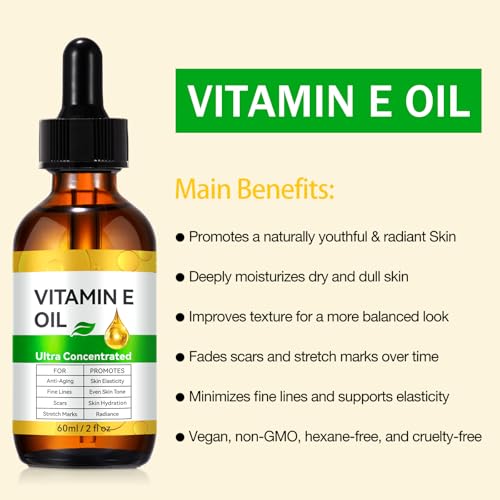 Vitamin E Oil, Pure Vitamin E Oil for Skin, Scars, Nails and Scalp, Face and Body Moisturizer, Hydrating Dry Skin, Reduce Stretch Marks, Fine Lines & Wrinkles, 2Fl Oz (Pack of 2)