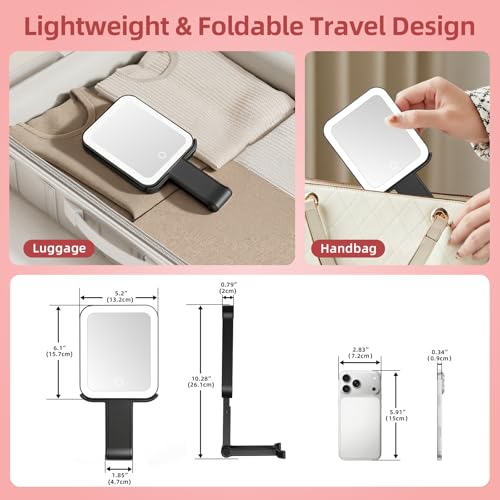 Travel Makeup Mirror with Lights, 1500mAh Rechargeable, Double-Sided 10X/1X Magnification, 3 Color Lighting, Smart Touch Dimming, Precision Tweezers, Lighted Mirror for Desk, Trip, Home, Office, Black
