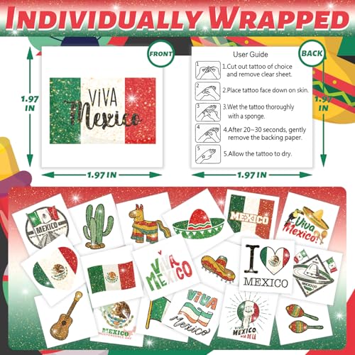 winthrop 120 Pcs Glitter Mexican Independence Day Temporary Tattoos, Individually Wrapped Waterproof Safety Mexico Themed Tattoos, Best Choice for September 16th Viva Mexico Party, 60 Designs