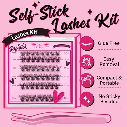 Self Adhesive Eyelashes 48Pcs Lash Clusters Self Stick Lashes Reusable Self-adhesive Lashes No Glue Cluster Lashes Easy for Use(Lotus,D-10-18mix)