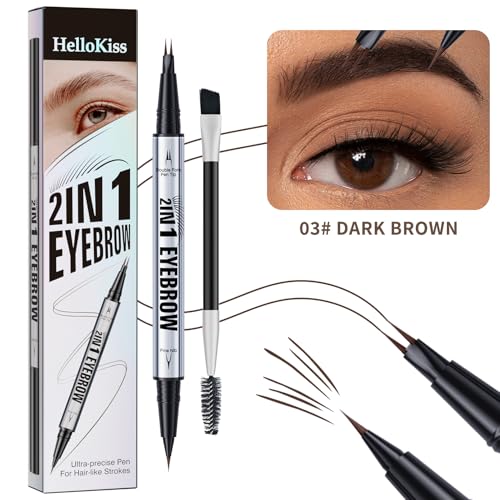 Eyebrow Pencil Curved Eyebrow Pen, Microblading Eyebrow Pen 2-in-1 Dual-Ended with 2-Fork-Tip & Precise Brush-Tip with Eyebrow Brush, Waterproof Natural Brow for Women (03#DARK BROWN)