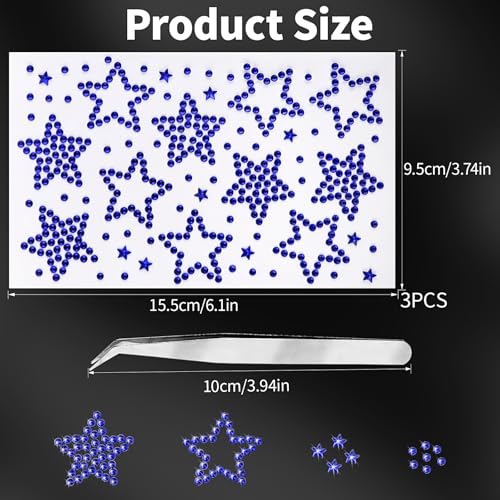 6 Sheets Rhinestone Sticker Self Adhesive Rhinestones Gems for Face Eyes Makeup Hair Body Stick on Rhinestones Stickers for Independent Festival Decal Decor(Red Blue White)