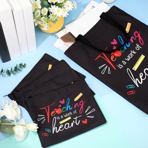 Kacctyen 12 Pcs Teacher Graduation Appreciation Gifts 6 Canvas Totes Bag 6 Makeup Pouch Cosmetic Bags Teacher Gifts(Teaching is a Work of Heart)