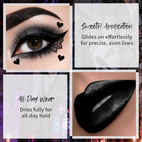Halloween Makeup Kit for Goth Cosplay, Black Lip Liner Pencil, Matte Lipstick & Black Liquid Eyeliner Stamp, Long-Lasting Makeup Kit for Halloween Cosplay Goth SFX Looks