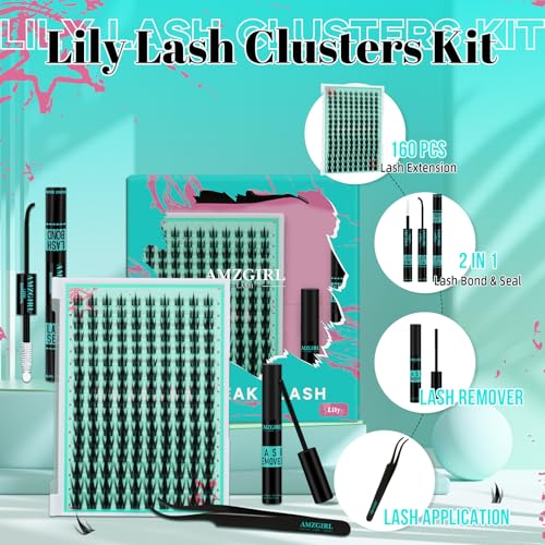 Lash Clusters Kit 160PCS Fairy Eyelash Clusters Kit with Lash White Bond and Seal,Eyelash Glue Remover and Applicator, Manga Eyelashes Wide Stem Cluster Eyelashes Extensions Kit(Lily,C-Mix10-18mm)
