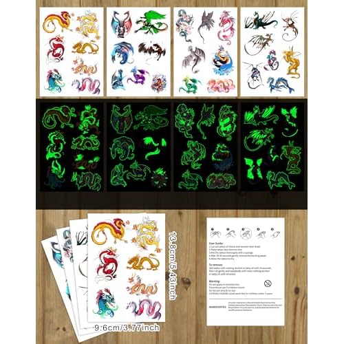 140 Pieces Luminous Dragon Temporary Tattoos Dragon Party favors for Kids Adults,Glow in The Dark Dragon Tattoos Stickers Party Supplies Dragon Birthday Party Favors Goodie Bag Fillers