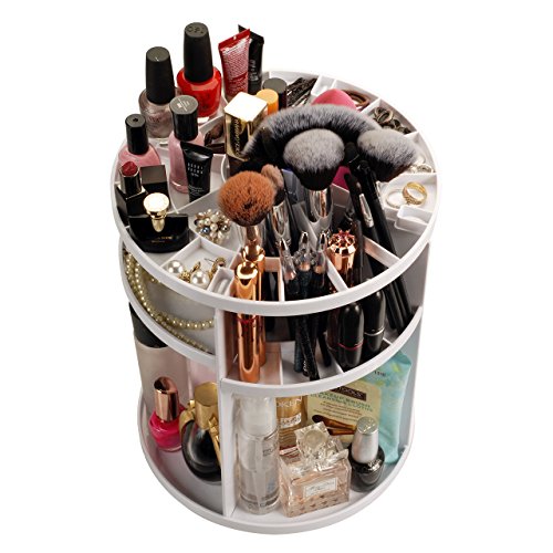 MobileVision Makeup Organizer Rotating Tabletop Cosmetic & Toiletry Holder Adjustable Shelving for Brushes, lotions, perfumes, Nail Polish, Skin Care & More, White