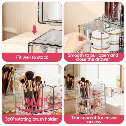ShineMe Clear Makeup Organizer, 3 Tier Stackable Makeup Storage Organizer with Rotating Brush Holder & 9 Drawers, Acrylic Countertop Makeup Organizer for Vanity Skincare Jewelry and Hair Accessories