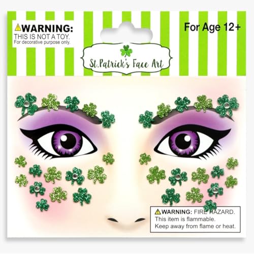2 Sheets Shamrock Glitter Face Tattoo Jewelry, St. Patrick's Day Celebration Face Gems with Assorted Designs, Sparkle Glitter in Parades, Parties & More (style2)