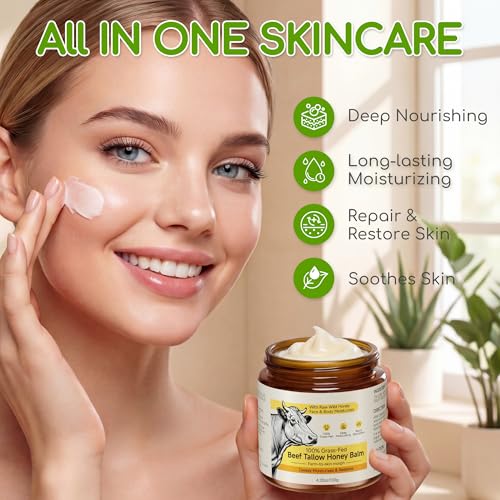 Beef Tallow for Skin & Face, Whipped Tallow and Honey Balm Cream, 100% Grass-Fed Beef Tallow Face Moisturizer with Raw Honey, All Natural Organic Body Lotion Skincare for Soft Smooth Skin, 3.5 OZ
