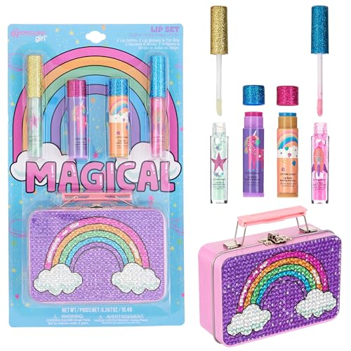 5pc Rainbow Rhinestones Cosmetics Lip Kit For Kids w/Lip Glosses, Lip Balms & Tin Box Storage Case "Magical" Lip Set,Washable + Non Toxic