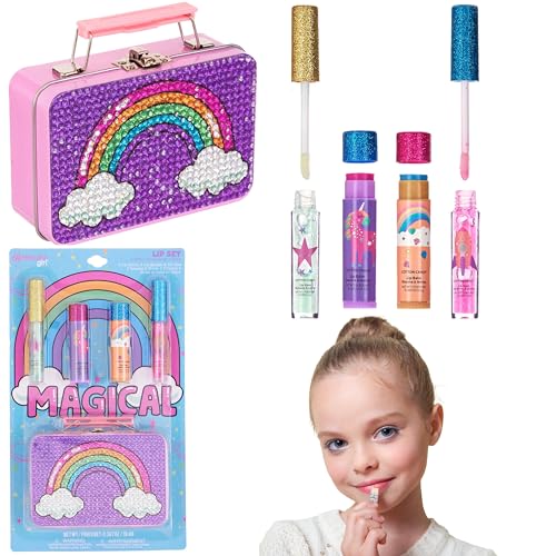 5pc Rainbow Rhinestones Cosmetics Lip Kit For Kids w/Lip Glosses, Lip Balms & Tin Box Storage Case "Magical" Lip Set,Washable + Non Toxic