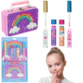 5pc Rainbow Rhinestones Cosmetics Lip Kit For Kids w/Lip Glosses, Lip Balms & Tin Box Storage Case "Magical" Lip Set,Washable + Non Toxic