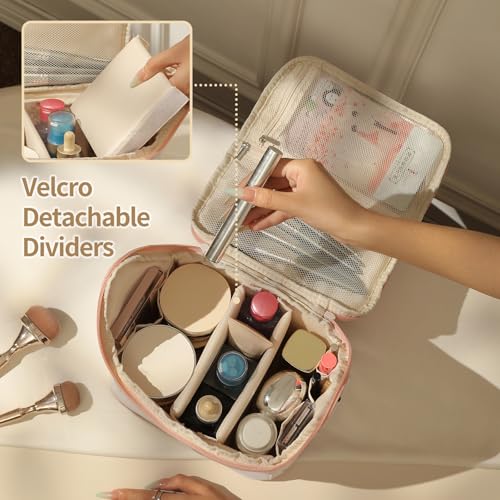 RIGHT AWAY Travel Makeup Bag, Large Capacity Cosmetic Bags for Women,Portable Make Up Case Organizer Waterproof Travel Toiletry Bag with Handle and Divider(Blue)