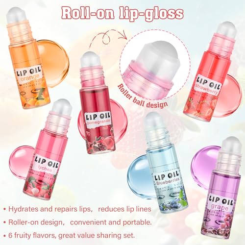 6Pcs Roll On Lip Gloss Set£¬Mini kids Lip Gloss Fruit Flavored£¬Moisturizing Lip Oil Make up for Teens and Girls£¬Hydrating Long Lasting Glossy,Christmas Party Favors Gift£¬Vegan & Cruelty-Free