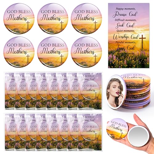 Y1tvei Christian Mirrors Bulk Gifts for Mother's Day - 150Pcs God Bless Mother Scripture Mini Mirrors with Inspirational Cards, Round Portable Pocket Makeup Mirror Church Gifts for Mum Birthday Party