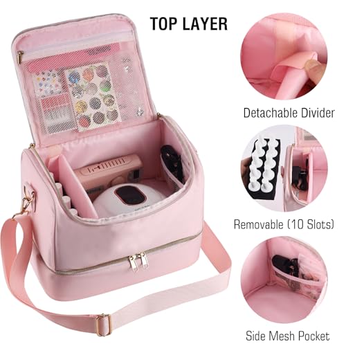 Nail Polish Organizer Case,Nail Polish Holder Holds 1 Nail Lamp & 50 Bottles,Nail Tech Travel Case,Waterproof Nail Kit Organizer Bag Fits Nail Supplies & Manicure Tools (Pink)