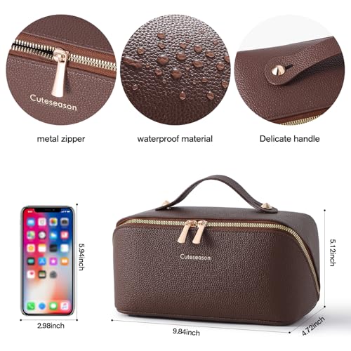 Structured Leather Makeup Bag for Women, Wide Opening Travel Cosmetic Case, Large Capacity Box Style Toiletry Organizer with Brush Compartment, Brown(Brown, Lychee Grain)