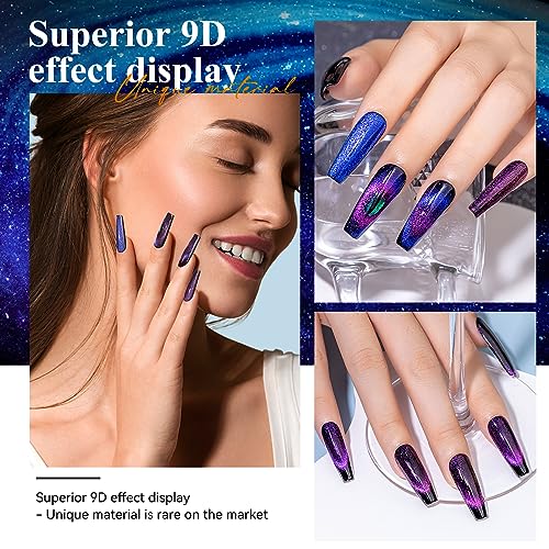 MIZHSE 9D Cat Eye Gel Nail Polish, 2 Sets Magnetic Cat Eye Gel Polish, Chameleon Magic Galaxy Effect Soak off Nail Art Gift for Ladies