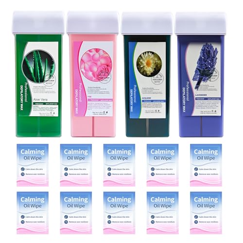 Roll On Wax Hair Removal, Wax Roller Refill, Sticky, Roll on Wax Roller Cartridge for Larger Areas of the Body for Professional or Home uses 4 Pack 100g/3.527oz with 10 oil wipes