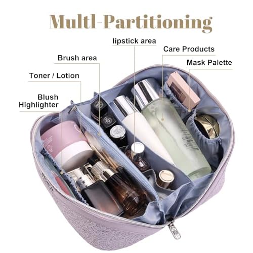 BOYATU Travel Makeup Bags Cosmetic Organizer Bag: 3-Set Large Capacity Make up Bag - PU Leather Toiletry Bags for Women - Wide Open Portable Pouch with Divider & Handle (A-Violet)