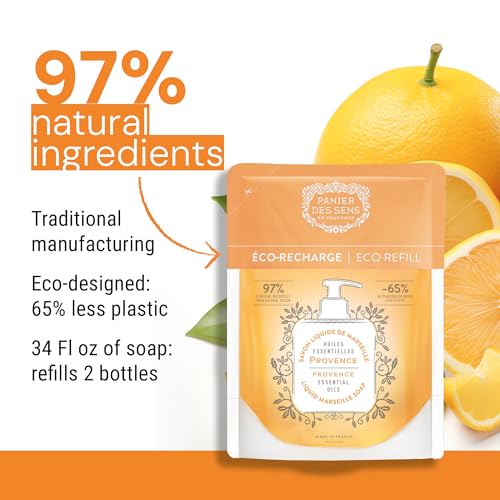 Panier des Sens - Provence Marseille Liquid Hand Soap + 2 Hand Soap Refills - Moisturizing Soap with Coconut Oil - Bathroom & Kitchen Foaming Soap - 96% Natural Ingredients Hand Wash - 50.7 Fl.oz