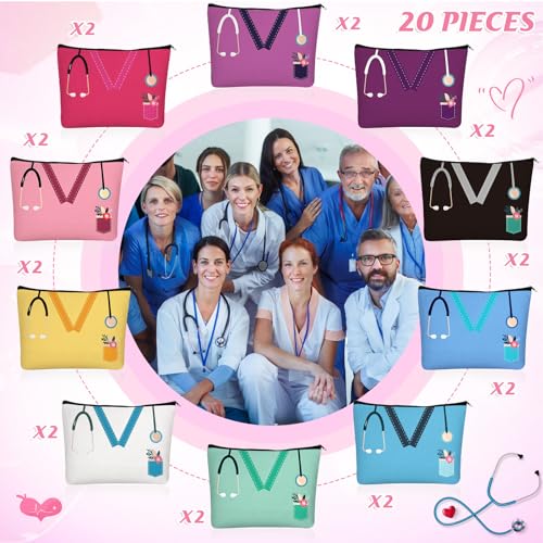Sabary 20 Pcs Nurse Makeup Canvas Bags Bulk Nurse Appreciation Gifts Nursing Thank You Cosmetic Bag with Zipper Travel Work Accessories Pouch for Nurses Week Party Favors
