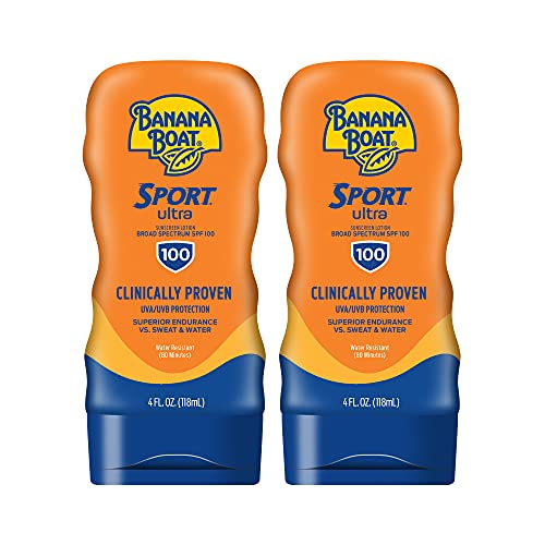 Banana Boat Sport Ultra Sunscreen Lotion SPF 100 4oz Twin Pack and SPF 50 12oz Oxybenzone Free Sunscreen