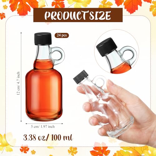 24 Packs 3.4 oz Glass Syrup Bottles with Handle and Black Lids, Mini Maple Syrup Bottles for Party & Wedding Favors Gifts, Honey, Coffee, Juice