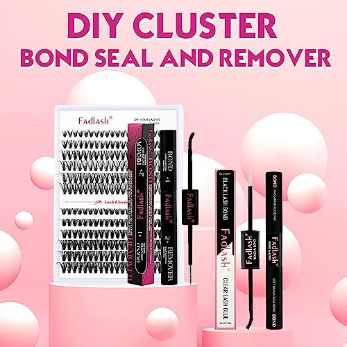 FADLASH Lash Bond and Remover, 2 in 1 Cluster Lash Glue and Lash Remover for Cluster Individual Lashes Soothing Non-Irritating Lash Adhesive Super Strong Hold 48 Hours Lash Glue Remover