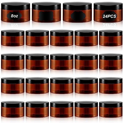 Dandat 24 Pcs 8 oz Plastic Jar Container with Lid and Label Refillable Empty Round Amber PET Cosmetic Sample Slime Containers for Lotion, Cream, Ointments, Body Butter, Makeup, Travel Storage