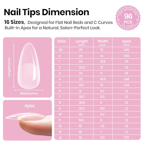 Beetles Tipex Lite Pre-Built Apex Nail Tips, Almond Medium,16 Sizes | 00-14, Flat-Nail Friendly Acrylic Tips for Natural Nail Beds, Easy for Beginner DIY